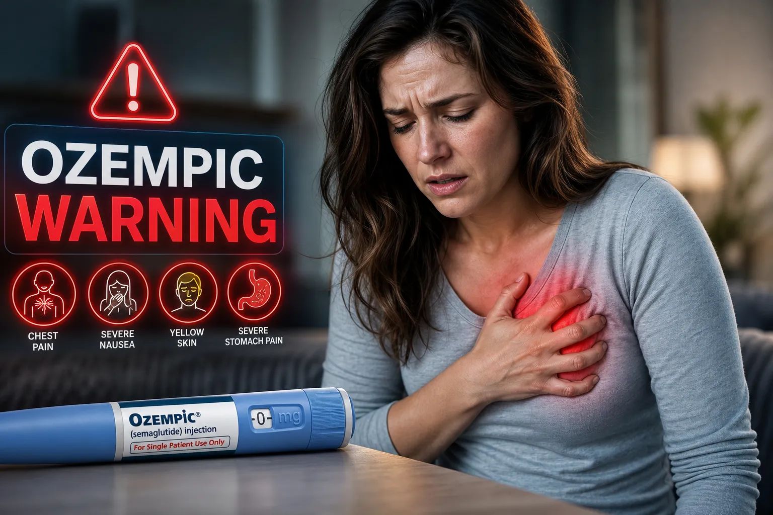 Ozempic warning signs that need emergency care: a woman clutching her chest in pain beside a semaglutide injection pen, with icons for chest pain, severe nausea, yellowing skin, and severe stomach pain.