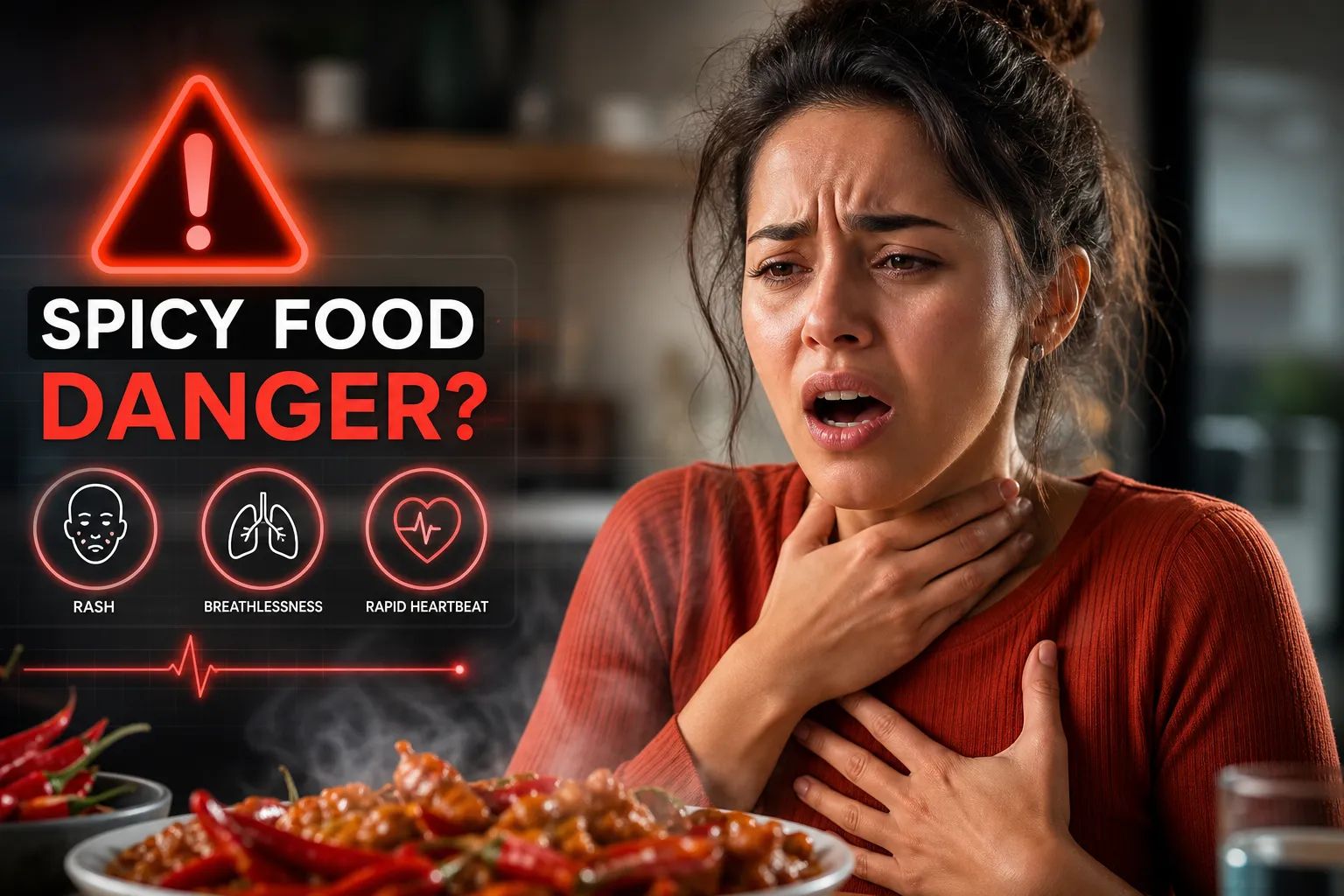 Woman clutching her chest and throat after eating spicy food, with warning icons for rash, breathlessness, and rapid heartbeat — signs a spicy food reaction may be a medical emergency.