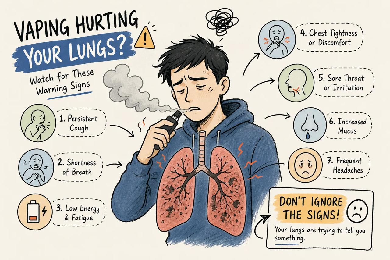 Infographic of 7 warning signs vaping is hurting your lungs: persistent cough, shortness of breath, low energy, chest tightness, sore throat, increased mucus, and frequent headaches.